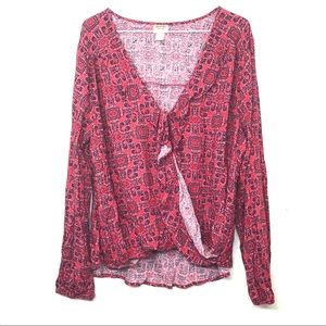 Mossimo Geometric Ruffled Tie Front Ladies Top